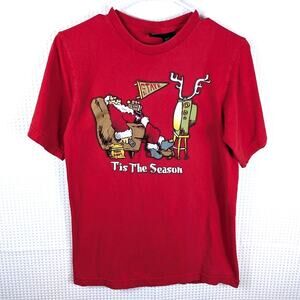 Dec 25 Men’s Small Red T-Shirt Santa Reindeer Football Funny Xmas Tee Tis Season